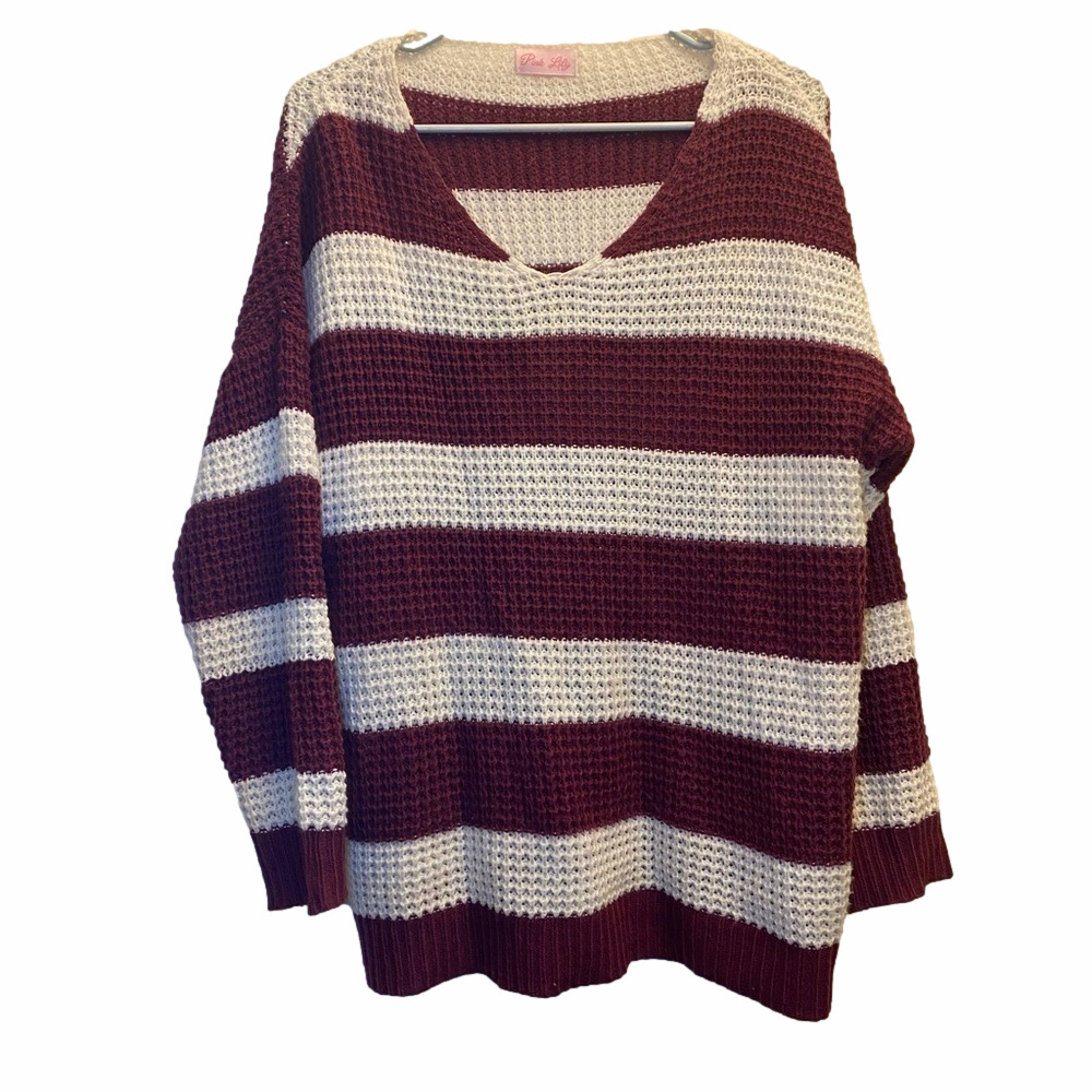 Pink Lily Maroon & White Knit Sweater Size Medium